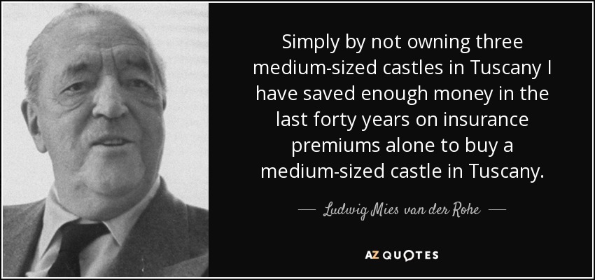 Simply by not owning three medium-sized castles in Tuscany I have saved enough money in the last forty years on insurance premiums alone to buy a medium-sized castle in Tuscany. - Ludwig Mies van der Rohe