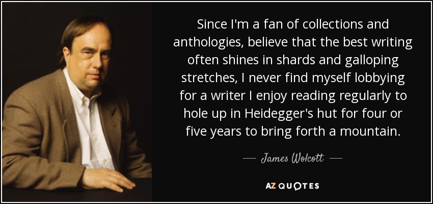 Since I'm a fan of collections and anthologies, believe that the best writing often shines in shards and galloping stretches, I never find myself lobbying for a writer I enjoy reading regularly to hole up in Heidegger's hut for four or five years to bring forth a mountain. - James Wolcott