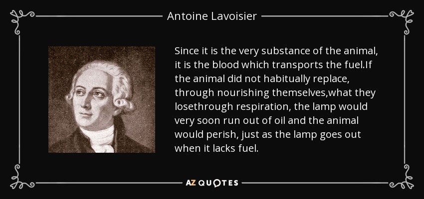 Since it is the very substance of the animal, it is the blood which transports the fuel.If the animal did not habitually replace, through nourishing themselves,what they losethrough respiration, the lamp would very soon run out of oil and the animal would perish, just as the lamp goes out when it lacks fuel. - Antoine Lavoisier