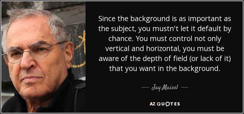 Since the background is as important as the subject, you mustn't let it default by chance. You must control not only vertical and horizontal, you must be aware of the depth of field (or lack of it) that you want in the background. - Jay Maisel