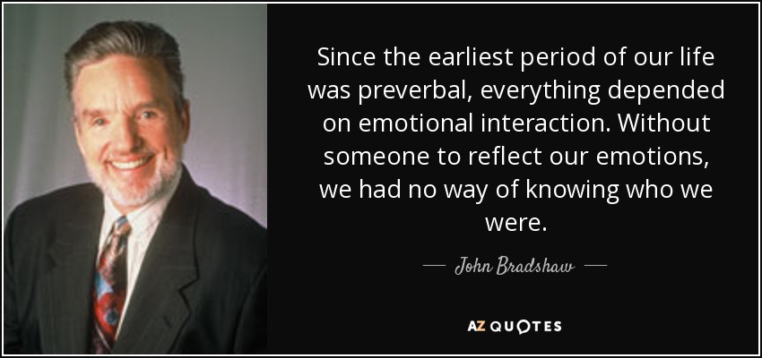 Since the earliest period of our life was preverbal, everything depended on emotional interaction. Without someone to reflect our emotions, we had no way of knowing who we were. - John Bradshaw