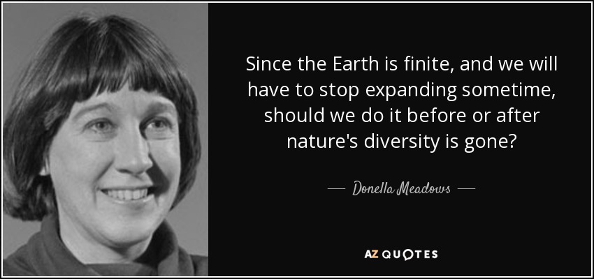 Since the Earth is finite, and we will have to stop expanding sometime, should we do it before or after nature's diversity is gone? - Donella Meadows