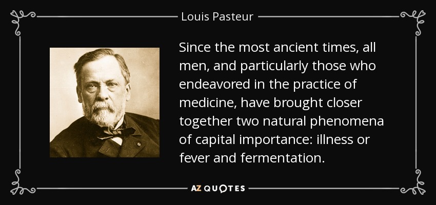 Since the most ancient times, all men, and particularly those who endeavored in the practice of medicine, have brought closer together two natural phenomena of capital importance: illness or fever and fermentation. - Louis Pasteur