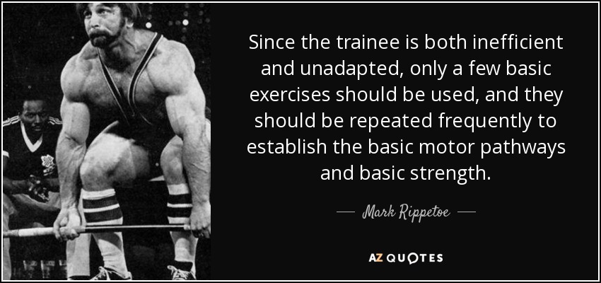 Since the trainee is both inefficient and unadapted, only a few basic exercises should be used, and they should be repeated frequently to establish the basic motor pathways and basic strength. - Mark Rippetoe