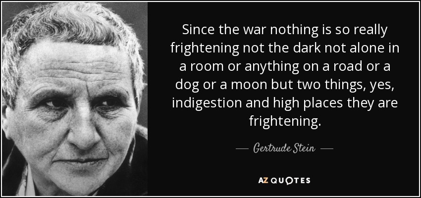 Since the war nothing is so really frightening not the dark not alone in a room or anything on a road or a dog or a moon but two things, yes, indigestion and high places they are frightening. - Gertrude Stein
