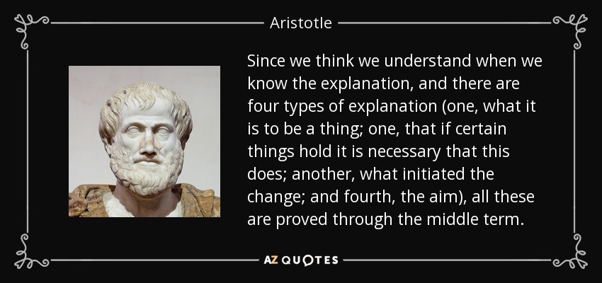 Since we think we understand when we know the explanation, and there are four types of explanation (one, what it is to be a thing; one, that if certain things hold it is necessary that this does; another, what initiated the change; and fourth, the aim), all these are proved through the middle term. - Aristotle