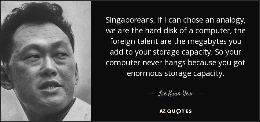 Singaporeans, if I can chose an analogy, we are the hard disk of a computer, the foreign talent are the megabytes you add to your storage capacity. So your computer never hangs because you got enormous storage capacity. - Lee Kuan Yew