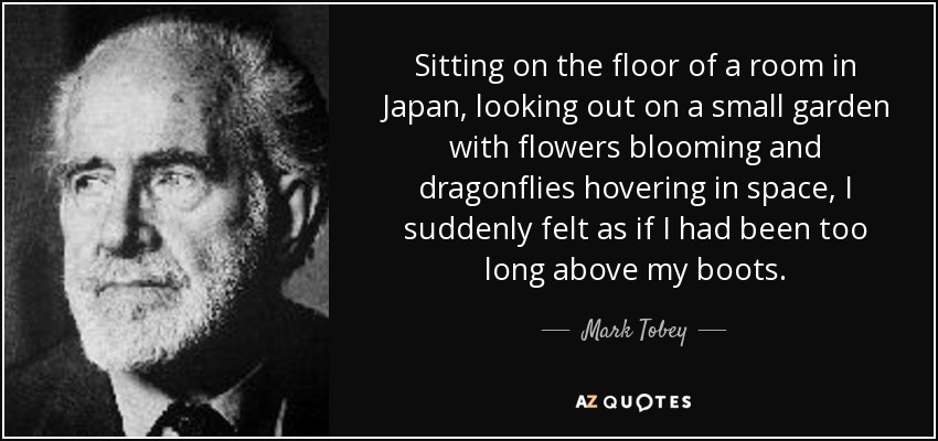 Sitting on the floor of a room in Japan, looking out on a small garden with flowers blooming and dragonflies hovering in space, I suddenly felt as if I had been too long above my boots. - Mark Tobey