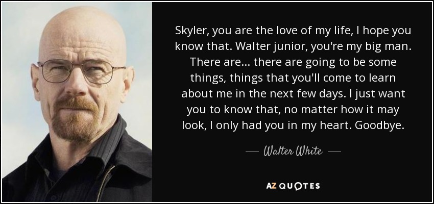 Skyler, you are the love of my life, I hope you know that. Walter junior, you're my big man. There are... there are going to be some things, things that you'll come to learn about me in the next few days. I just want you to know that, no matter how it may look, I only had you in my heart. Goodbye. - Walter White