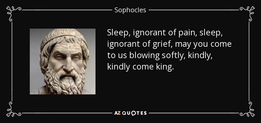 Sleep, ignorant of pain, sleep, ignorant of grief, may you come to us blowing softly, kindly, kindly come king. - Sophocles
