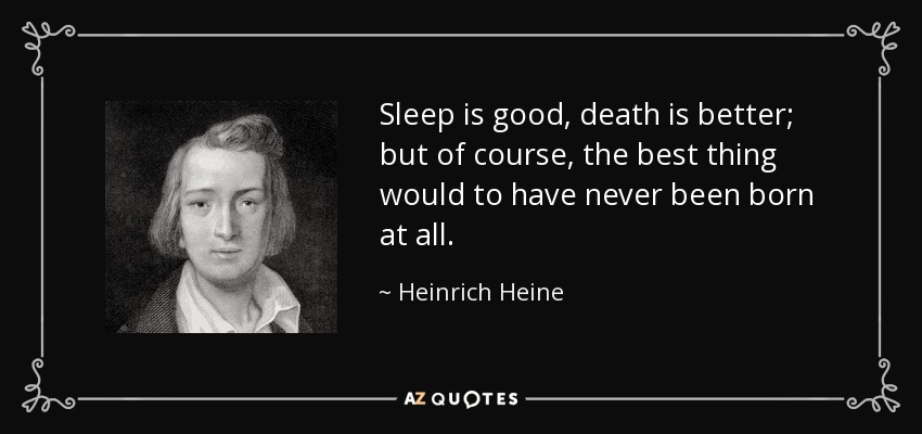 Sleep is good, death is better; but of course, the best thing would to have never been born at all. - Heinrich Heine