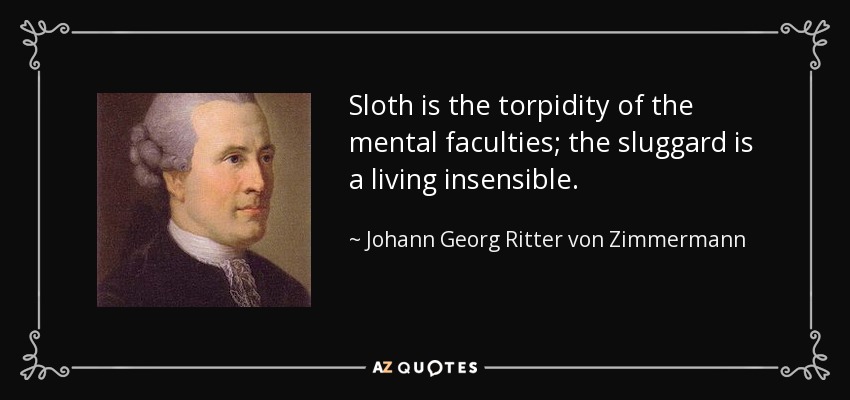 Sloth is the torpidity of the mental faculties; the sluggard is a living insensible. - Johann Georg Ritter von Zimmermann