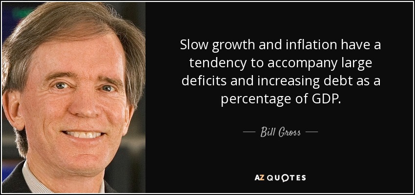 Slow growth and inflation have a tendency to accompany large deficits and increasing debt as a percentage of GDP. - Bill Gross