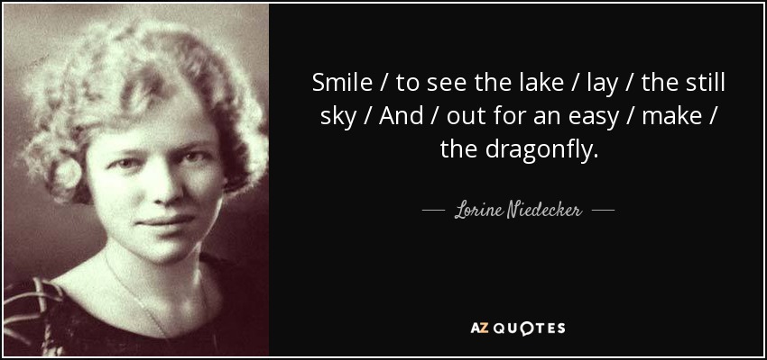 Smile / to see the lake / lay / the still sky / And / out for an easy / make / the dragonfly. - Lorine Niedecker
