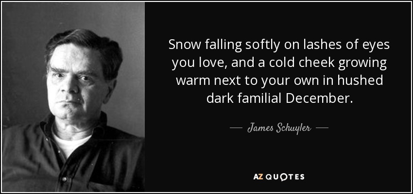 Snow falling softly on lashes of eyes you love, and a cold cheek growing warm next to your own in hushed dark familial December. - James Schuyler