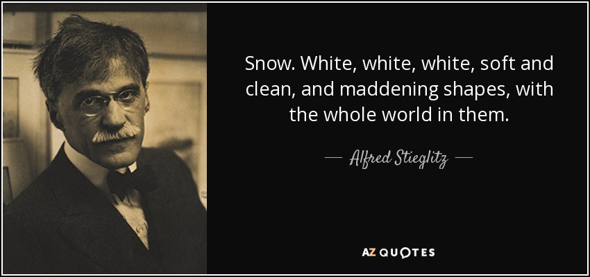 Snow. White, white, white, soft and clean, and maddening shapes, with the whole world in them. - Alfred Stieglitz