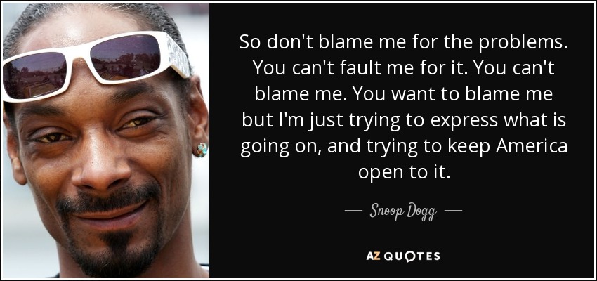 So don't blame me for the problems. You can't fault me for it. You can't blame me. You want to blame me but I'm just trying to express what is going on, and trying to keep America open to it. - Snoop Dogg