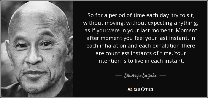 So for a period of time each day, try to sit, without moving, without expecting anything, as if you were in your last moment. Moment after moment you feel your last instant. In each inhalation and each exhalation there are countless instants of time. Your intention is to live in each instant. - Shunryu Suzuki