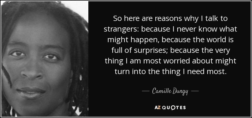 So here are reasons why I talk to strangers: because I never know what might happen, because the world is full of surprises; because the very thing I am most worried about might turn into the thing I need most. - Camille Dungy