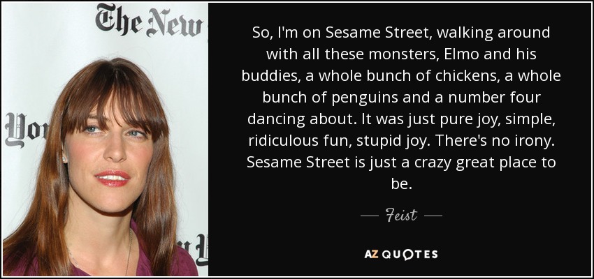 So, I'm on Sesame Street, walking around with all these monsters, Elmo and his buddies, a whole bunch of chickens, a whole bunch of penguins and a number four dancing about. It was just pure joy, simple, ridiculous fun, stupid joy. There's no irony. Sesame Street is just a crazy great place to be. - Feist