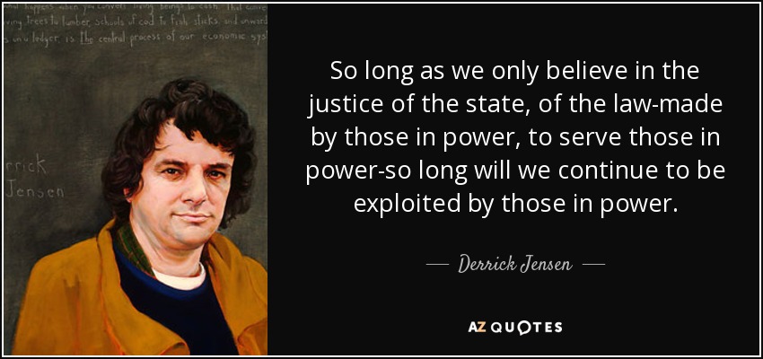 So long as we only believe in the justice of the state, of the law-made by those in power, to serve those in power-so long will we continue to be exploited by those in power. - Derrick Jensen