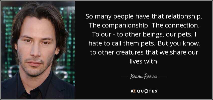 So many people have that relationship. The companionship. The connection. To our - to other beings, our pets. I hate to call them pets. But you know, to other creatures that we share our lives with. - Keanu Reeves