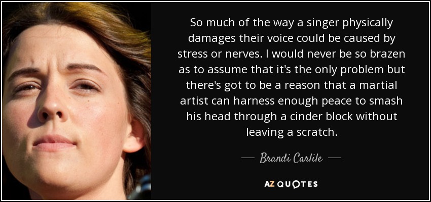 So much of the way a singer physically damages their voice could be caused by stress or nerves. I would never be so brazen as to assume that it's the only problem but there's got to be a reason that a martial artist can harness enough peace to smash his head through a cinder block without leaving a scratch. - Brandi Carlile