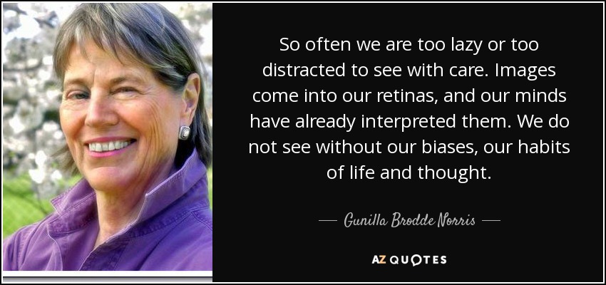 So often we are too lazy or too distracted to see with care. Images come into our retinas, and our minds have already interpreted them. We do not see without our biases, our habits of life and thought. - Gunilla Brodde Norris