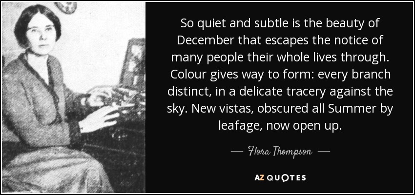 So quiet and subtle is the beauty of December that escapes the notice of many people their whole lives through. Colour gives way to form: every branch distinct, in a delicate tracery against the sky. New vistas, obscured all Summer by leafage, now open up. - Flora Thompson