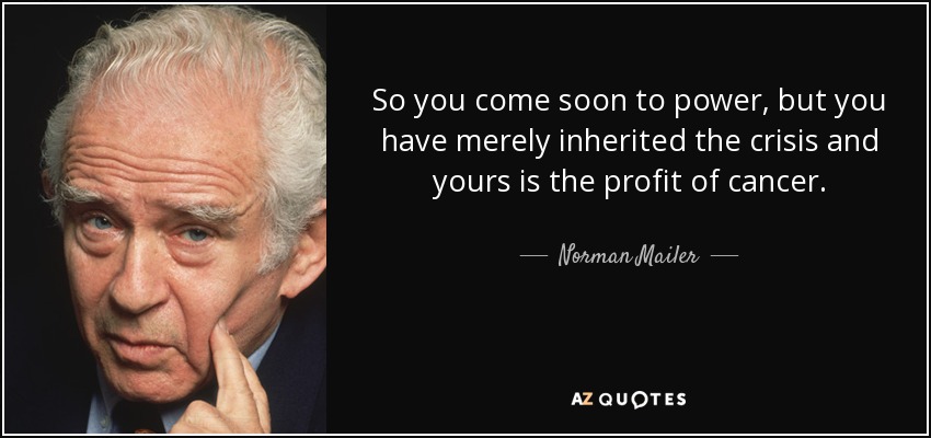 So you come soon to power, but you have merely inherited the crisis and yours is the profit of cancer. - Norman Mailer
