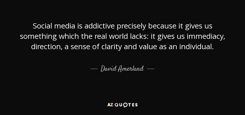 Social media is addictive precisely because it gives us something which the real world lacks: it gives us immediacy, direction, a sense of clarity and value as an individual. - David Amerland
