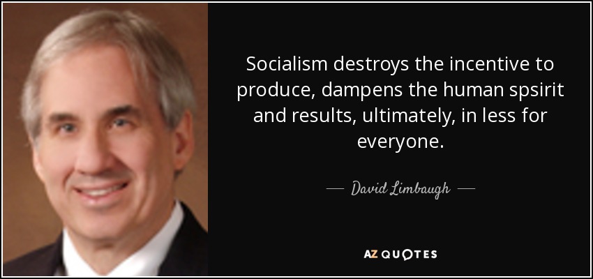Socialism destroys the incentive to produce, dampens the human spsirit and results, ultimately , in less for everyone. - David Limbaugh