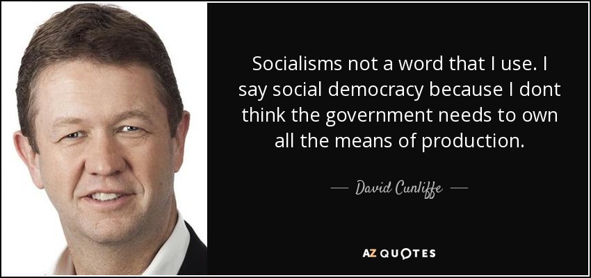 Socialisms not a word that I use. I say social democracy because I dont think the government needs to own all the means of production. - David Cunliffe