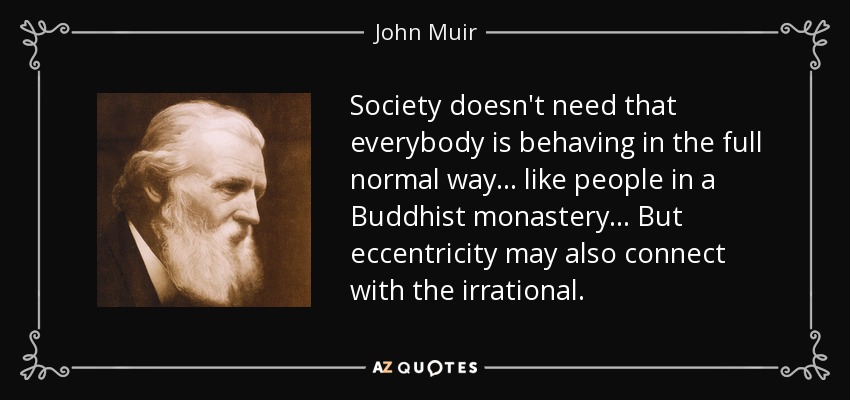 Society doesn't need that everybody is behaving in the full normal way... like people in a Buddhist monastery... But eccentricity may also connect with the irrational. - John Muir