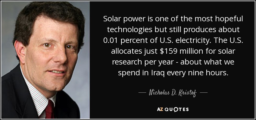 Solar power is one of the most hopeful technologies but still produces about 0.01 percent of U.S. electricity. The U.S. allocates just $159 million for solar research per year - about what we spend in Iraq every nine hours. - Nicholas D. Kristof