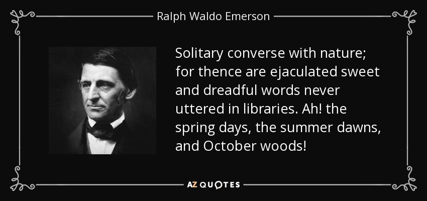 Solitary converse with nature; for thence are ejaculated sweet and dreadful words never uttered in libraries. Ah! the spring days, the summer dawns, and October woods! - Ralph Waldo Emerson
