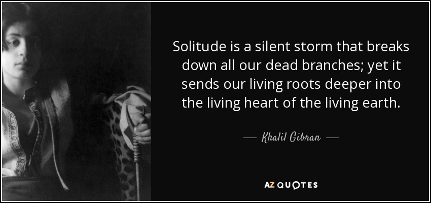 Solitude is a silent storm that breaks down all our dead branches; yet it sends our living roots deeper into the living heart of the living earth. - Khalil Gibran