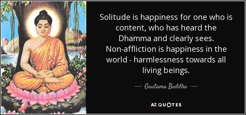 Solitude is happiness for one who is content, who has heard the Dhamma and clearly sees. Non-affliction is happiness in the world - harmlessness towards all living beings. - Gautama Buddha
