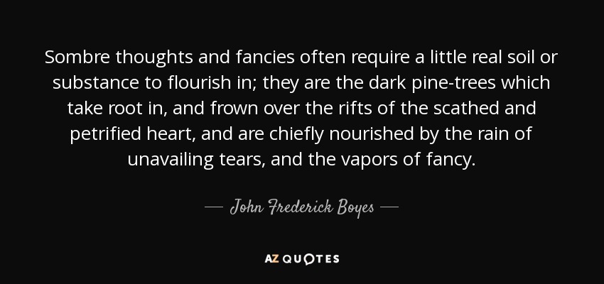 Sombre thoughts and fancies often require a little real soil or substance to flourish in; they are the dark pine-trees which take root in, and frown over the rifts of the scathed and petrified heart, and are chiefly nourished by the rain of unavailing tears, and the vapors of fancy. - John Frederick Boyes