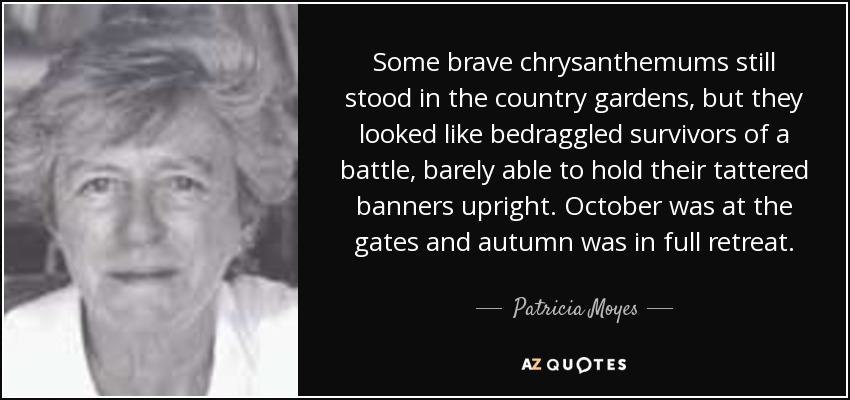 Some brave chrysanthemums still stood in the country gardens, but they looked like bedraggled survivors of a battle, barely able to hold their tattered banners upright. October was at the gates and autumn was in full retreat. - Patricia Moyes