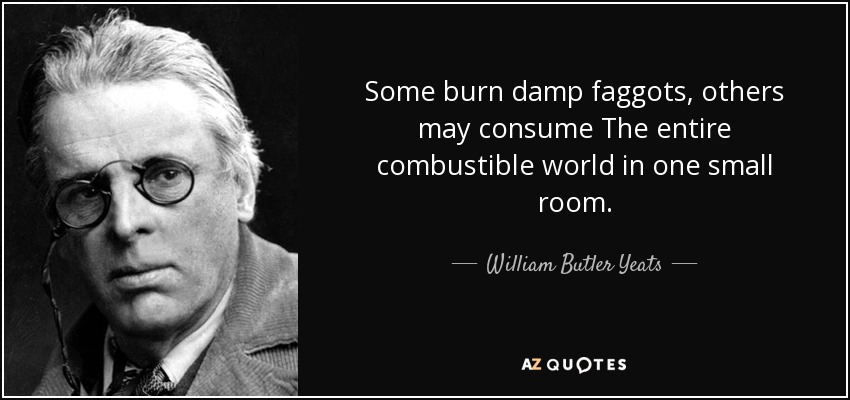 Some burn damp faggots, others may consume The entire combustible world in one small room. - William Butler Yeats