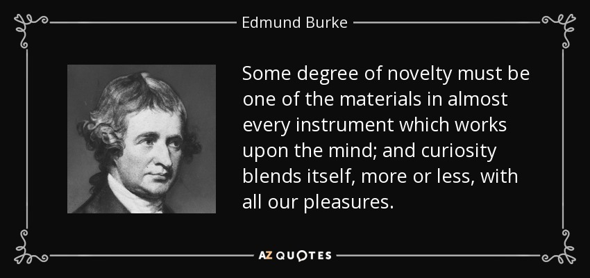 Some degree of novelty must be one of the materials in almost every instrument which works upon the mind; and curiosity blends itself, more or less, with all our pleasures. - Edmund Burke