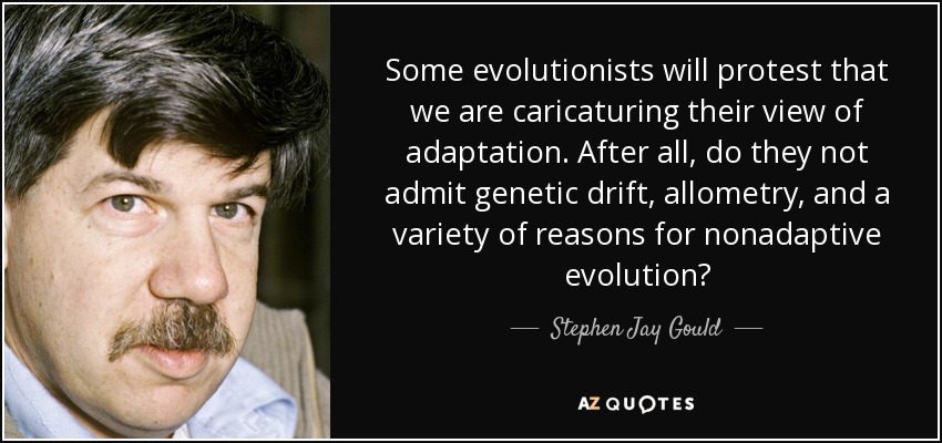 Some evolutionists will protest that we are caricaturing their view of adaptation. After all, do they not admit genetic drift, allometry, and a variety of reasons for nonadaptive evolution? - Stephen Jay Gould