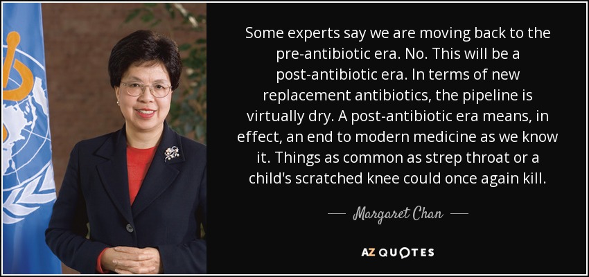 Some experts say we are moving back to the pre-antibiotic era. No. This will be a post-antibiotic era. In terms of new replacement antibiotics, the pipeline is virtually dry. A post-antibiotic era means, in effect, an end to modern medicine as we know it. Things as common as strep throat or a child's scratched knee could once again kill. - Margaret Chan