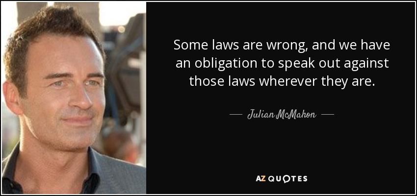 Some laws are wrong, and we have an obligation to speak out against those laws wherever they are. - Julian McMahon