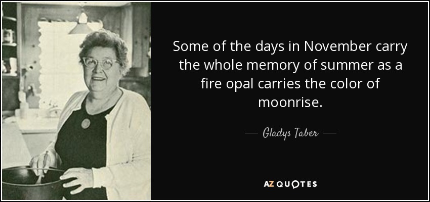 Some of the days in November carry the whole memory of summer as a fire opal carries the color of moonrise. - Gladys Taber