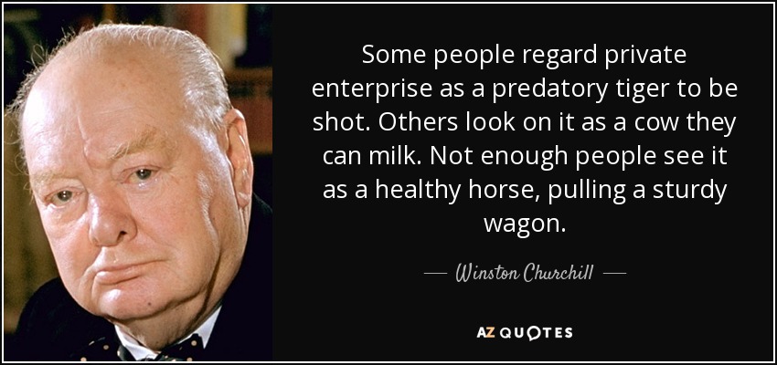 Some people regard private enterprise as a predatory tiger to be shot. Others look on it as a cow they can milk. Not enough people see it as a healthy horse, pulling a sturdy wagon. - Winston Churchill
