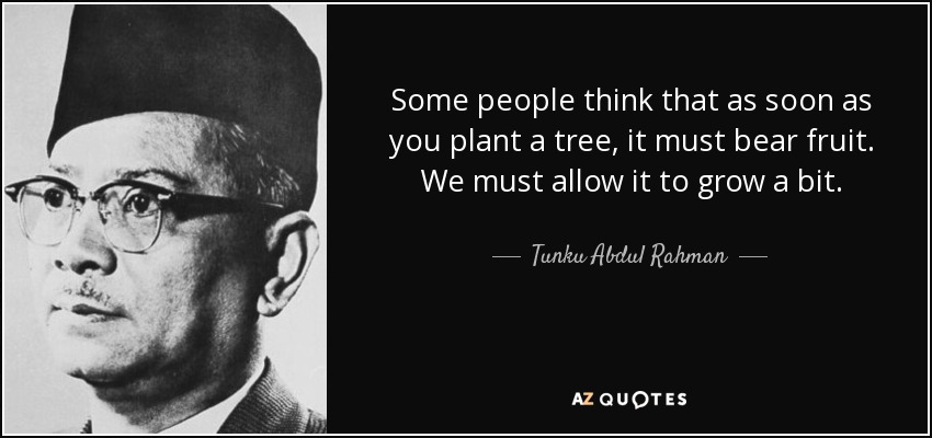 Some people think that as soon as you plant a tree, it must bear fruit. We must allow it to grow a bit. - Tunku Abdul Rahman