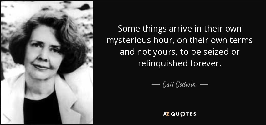 Some things arrive in their own mysterious hour, on their own terms and not yours, to be seized or relinquished forever. - Gail Godwin