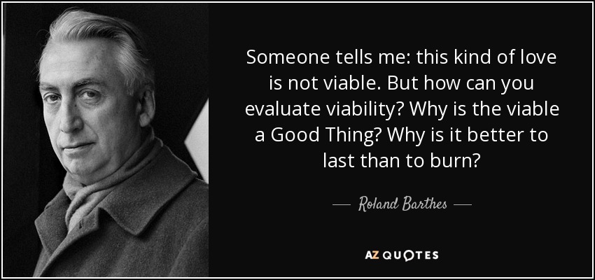 Someone tells me: this kind of love is not viable. But how can you evaluate viability? Why is the viable a Good Thing? Why is it better to last than to burn? - Roland Barthes